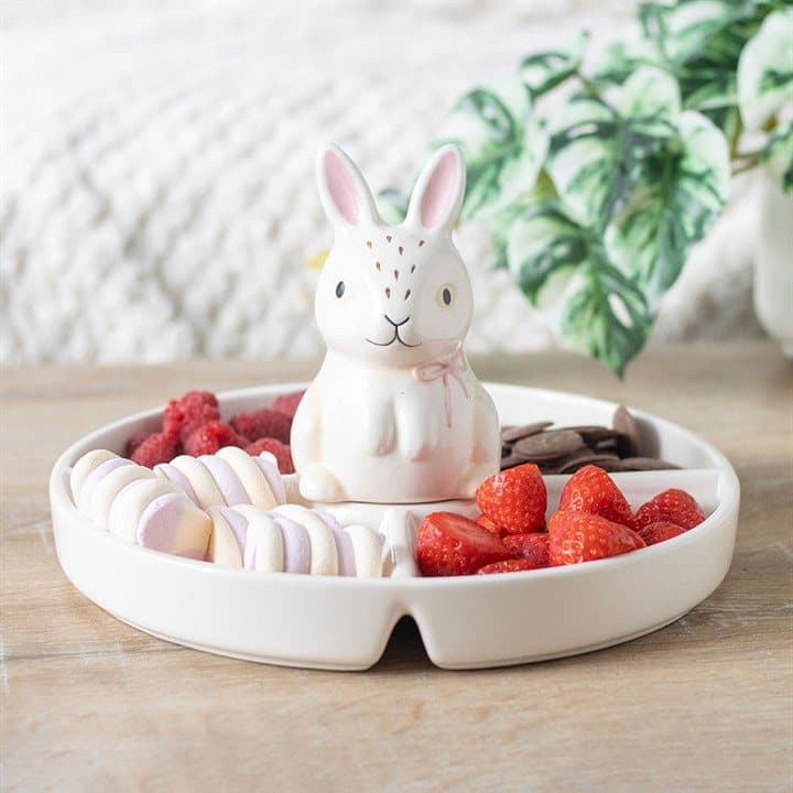 Ceramic snack dish with an Easter bunny at the centre and white sections around it