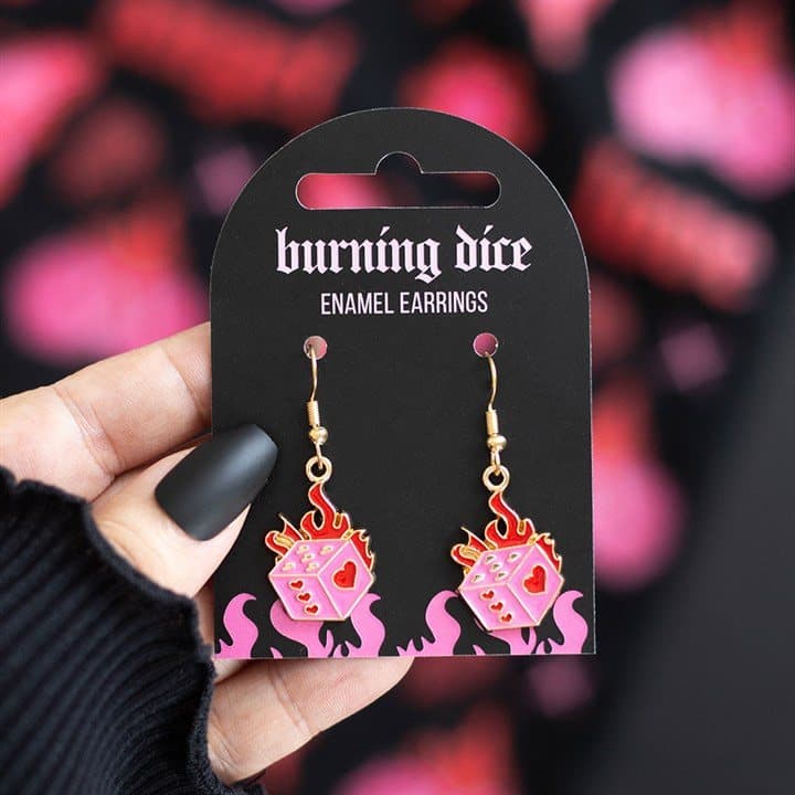 Burning dice earrings in fiery pink and red