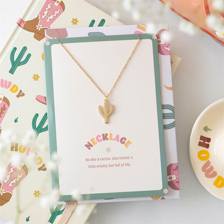 Cactus necklace presented on a greeting card
