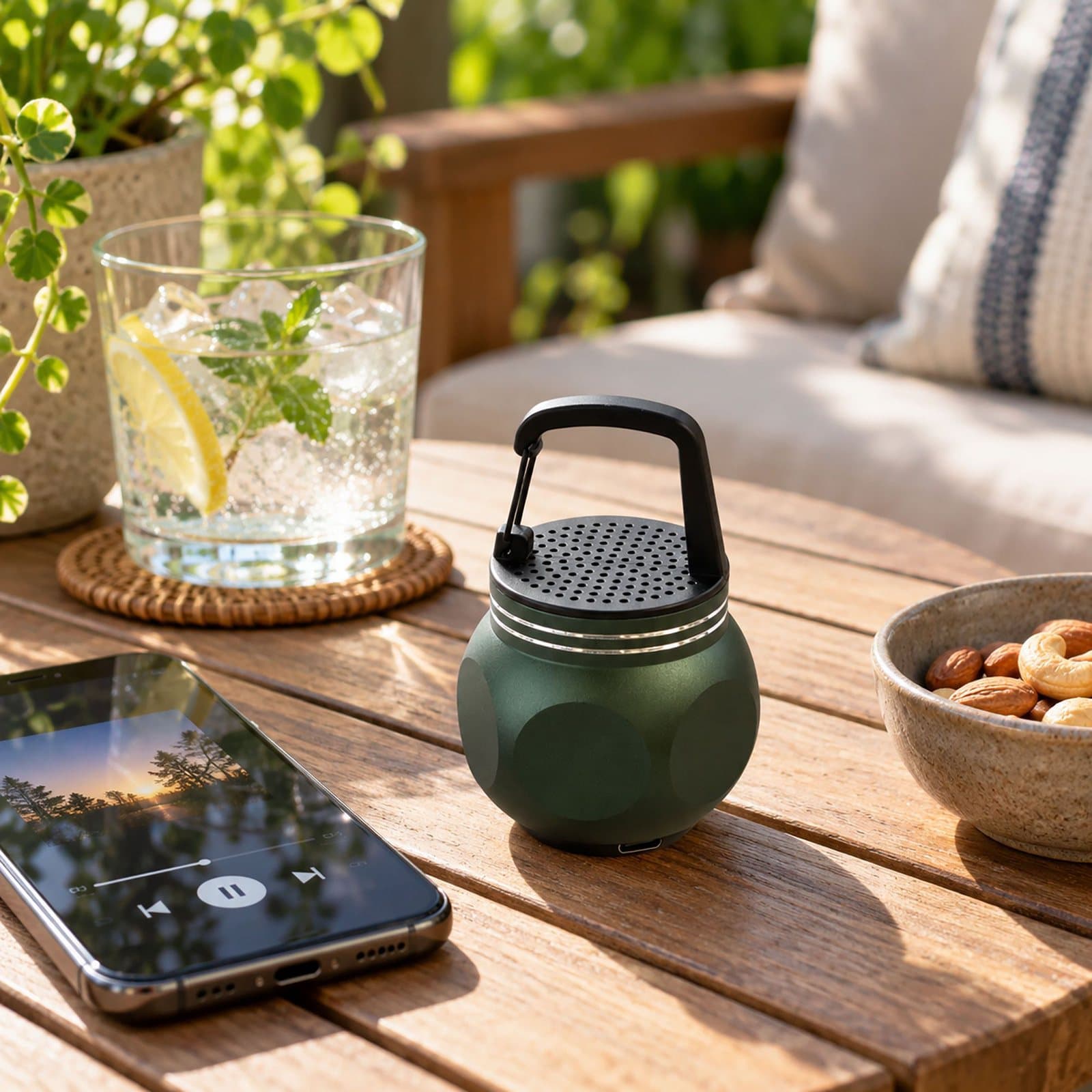 Green mini speaker with a carry hook