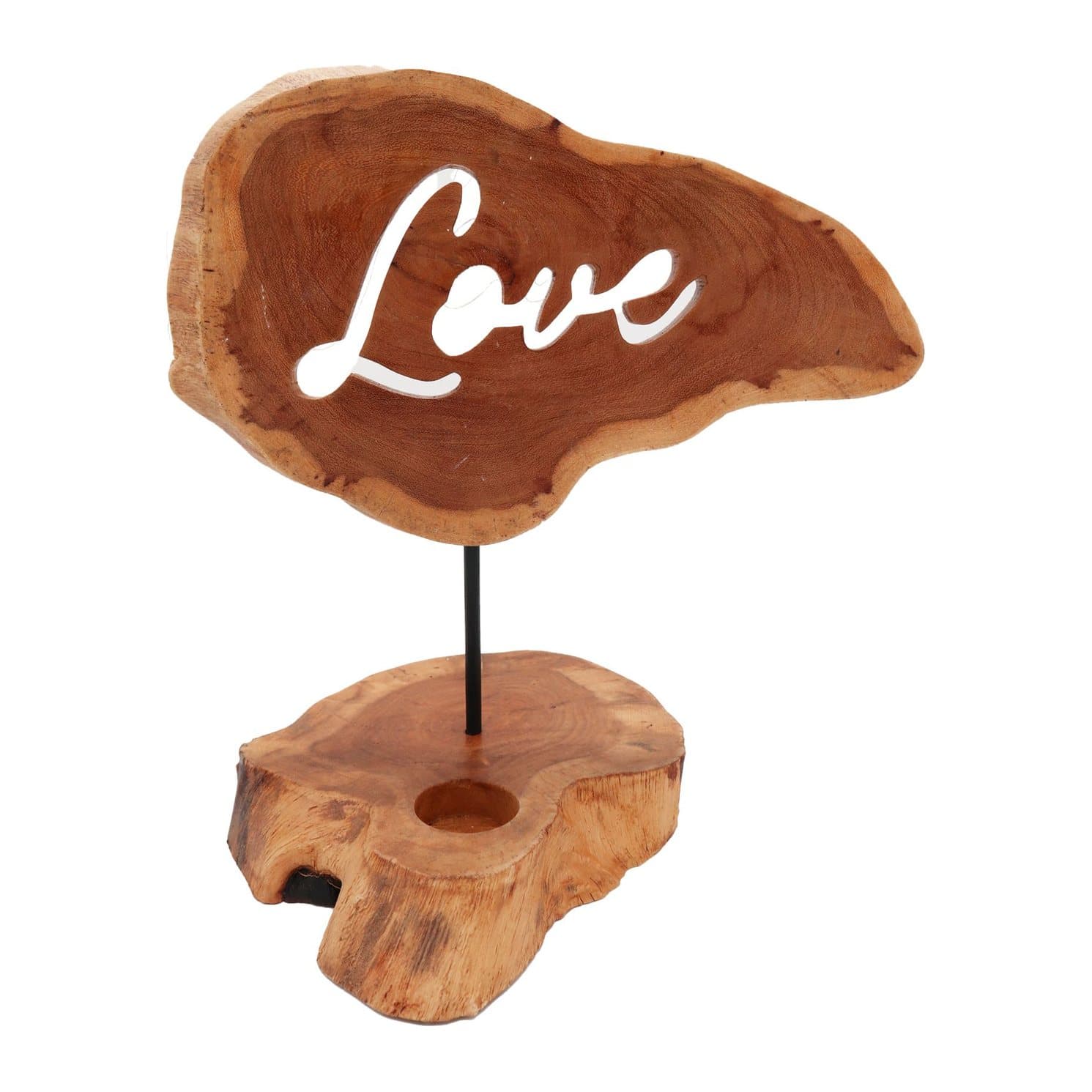 Wooden Love candle holder sign in brown-toned wood with a carved tealight space