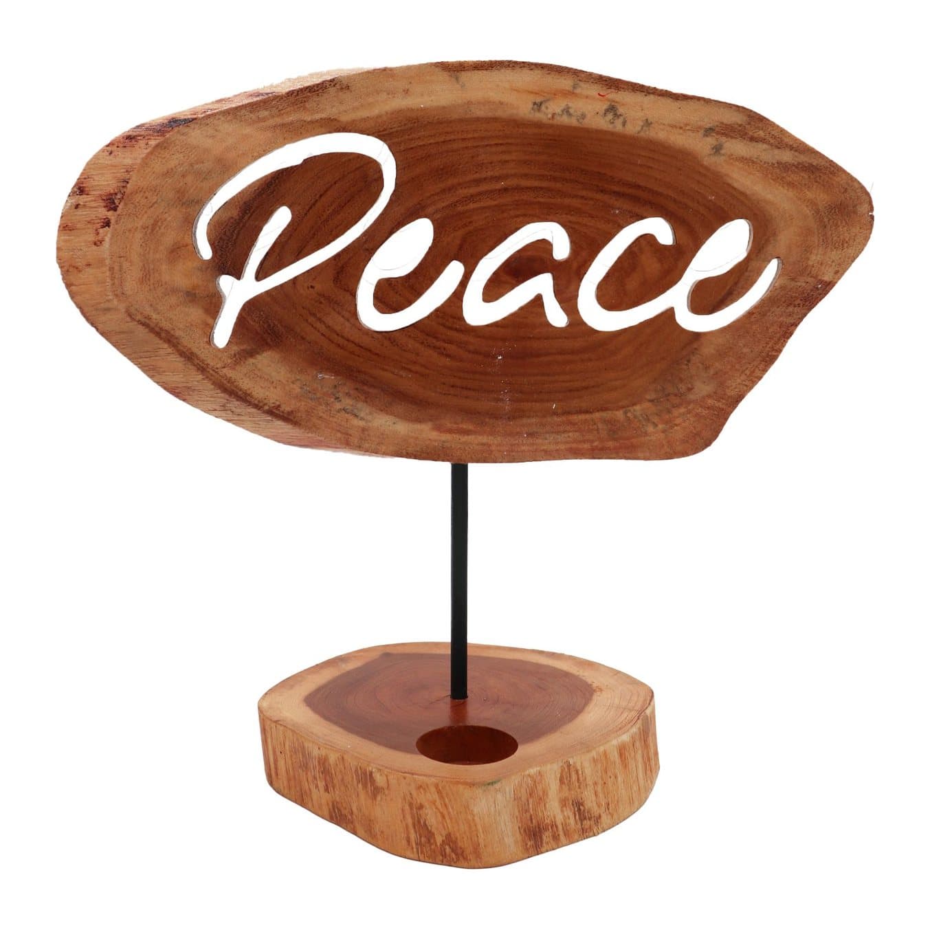 Wooden Peace candle holder sign in brown-toned wood with a carved tealight space