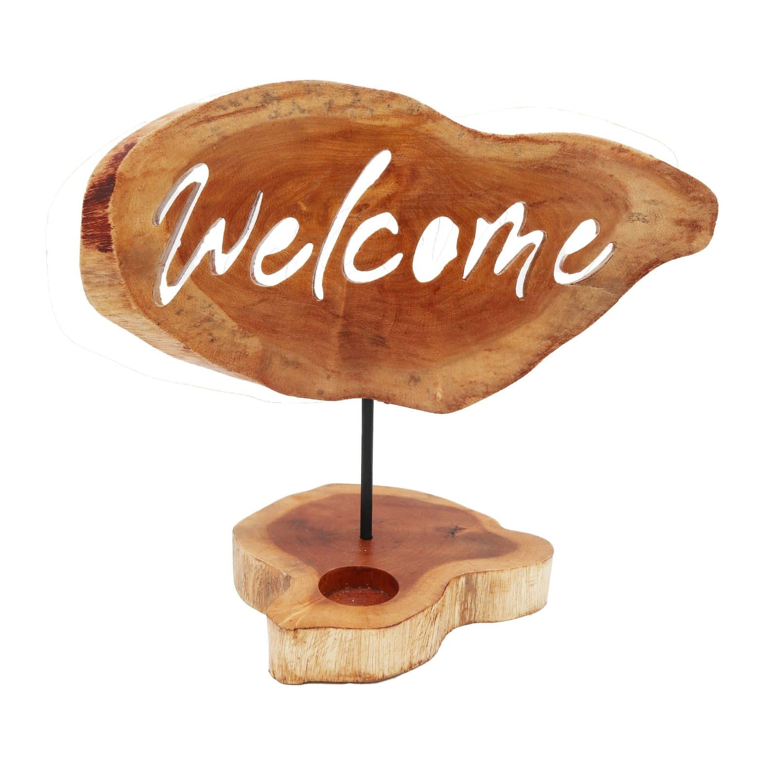 Welcome candle holder sign made from wood, metal and seagrass