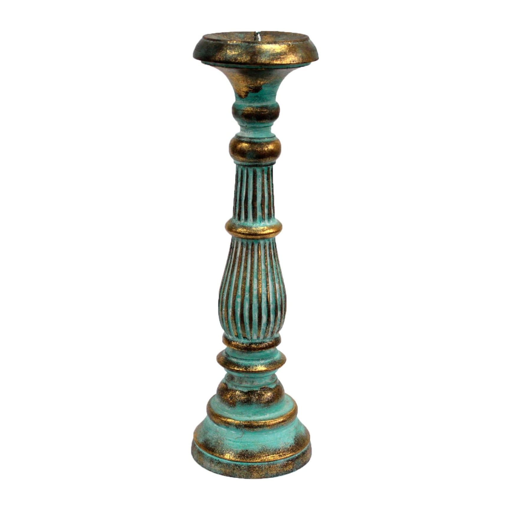 Turquoise and gold hand carved wooden candle stand