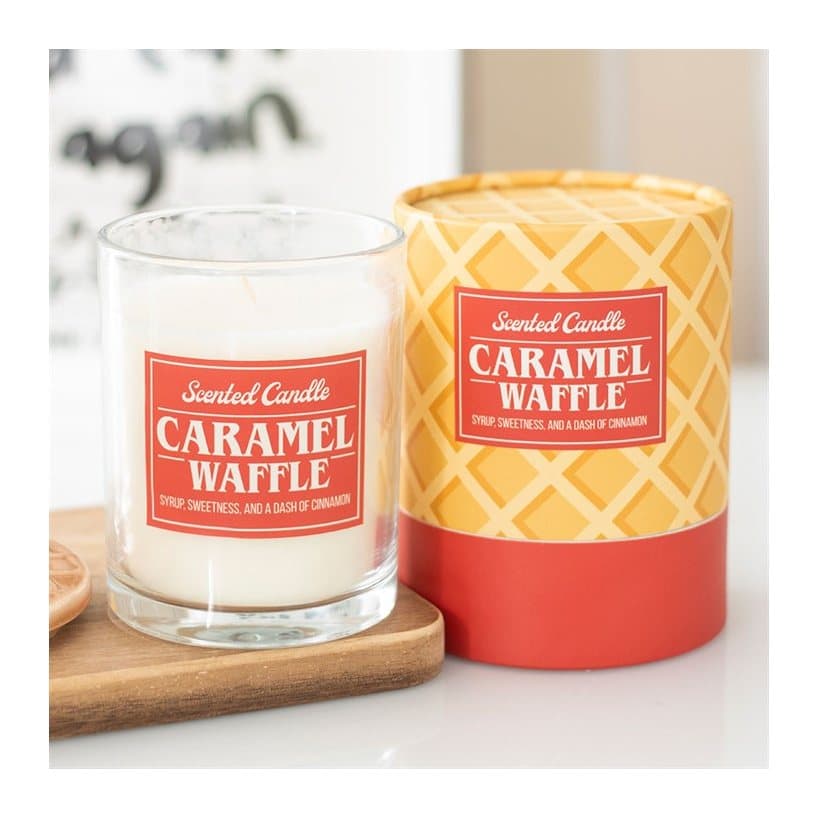 Caramel waffle scented candle with its colour cardboard box