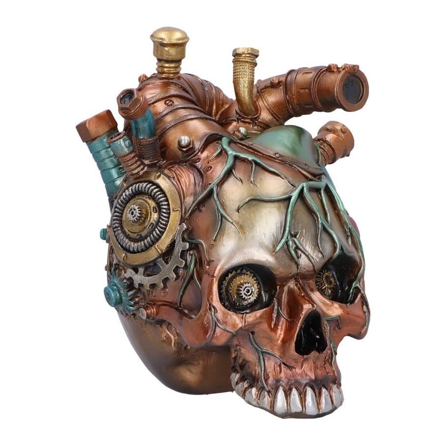 Steampunk skull shaped like a heart with industrial pipes and clockwork accents