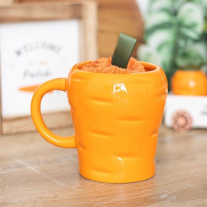 Orange carrot shaped ceramic mug with fluffy socks