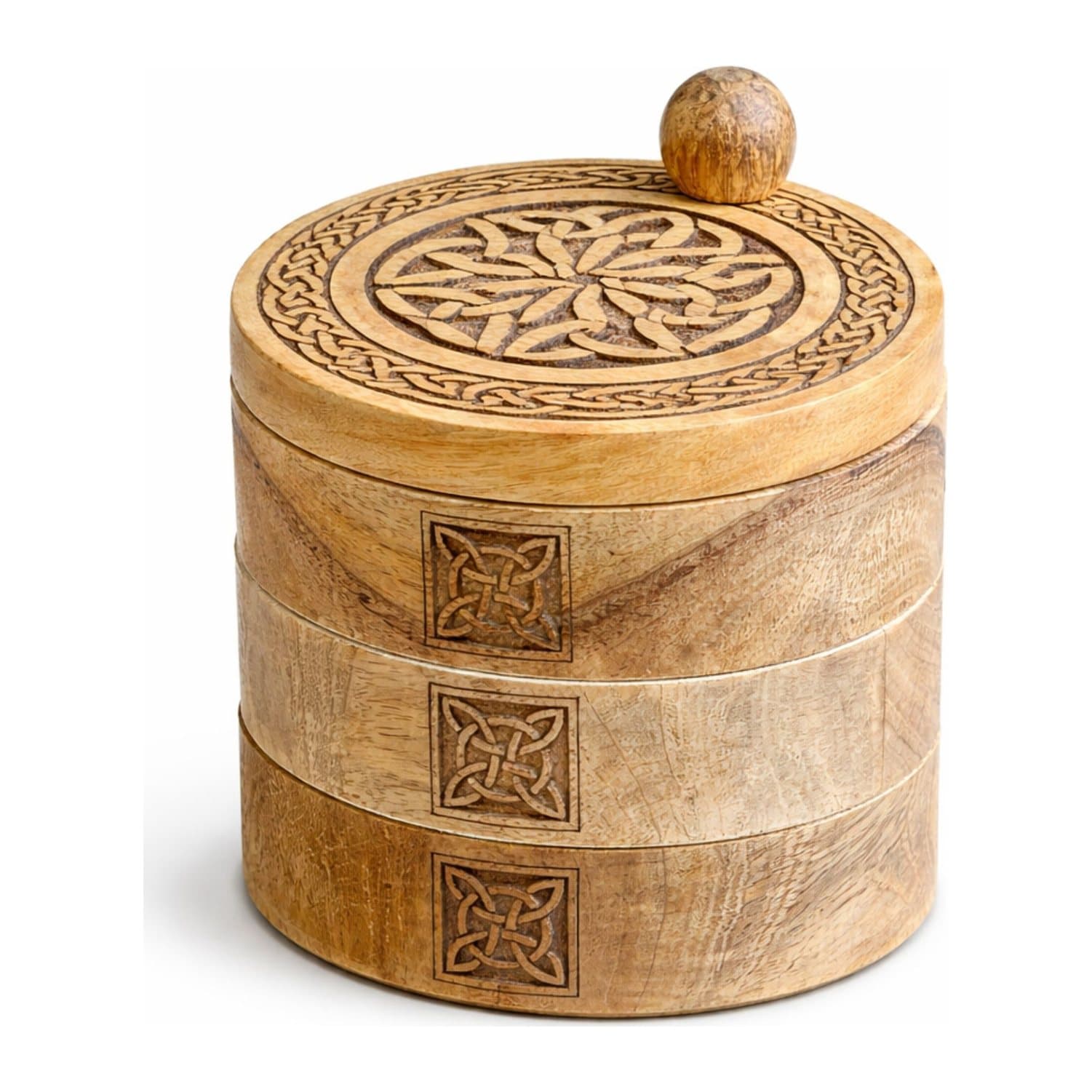 Three-tier carved wooden box with Celtic knots