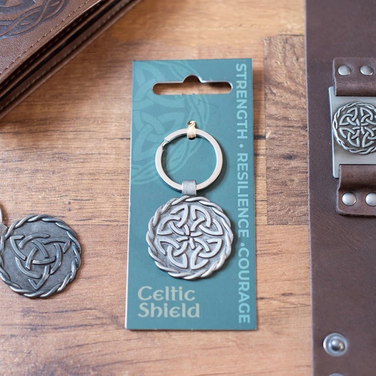 Alloy Celtic shield knot keyring on a cardboard back