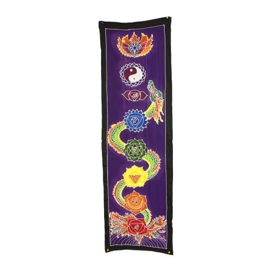 Batik wall hanging with a dragon design in vivid colours