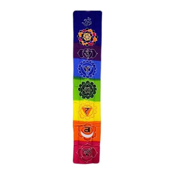 Rainbow chakra drop banner, a long batik wall hanging