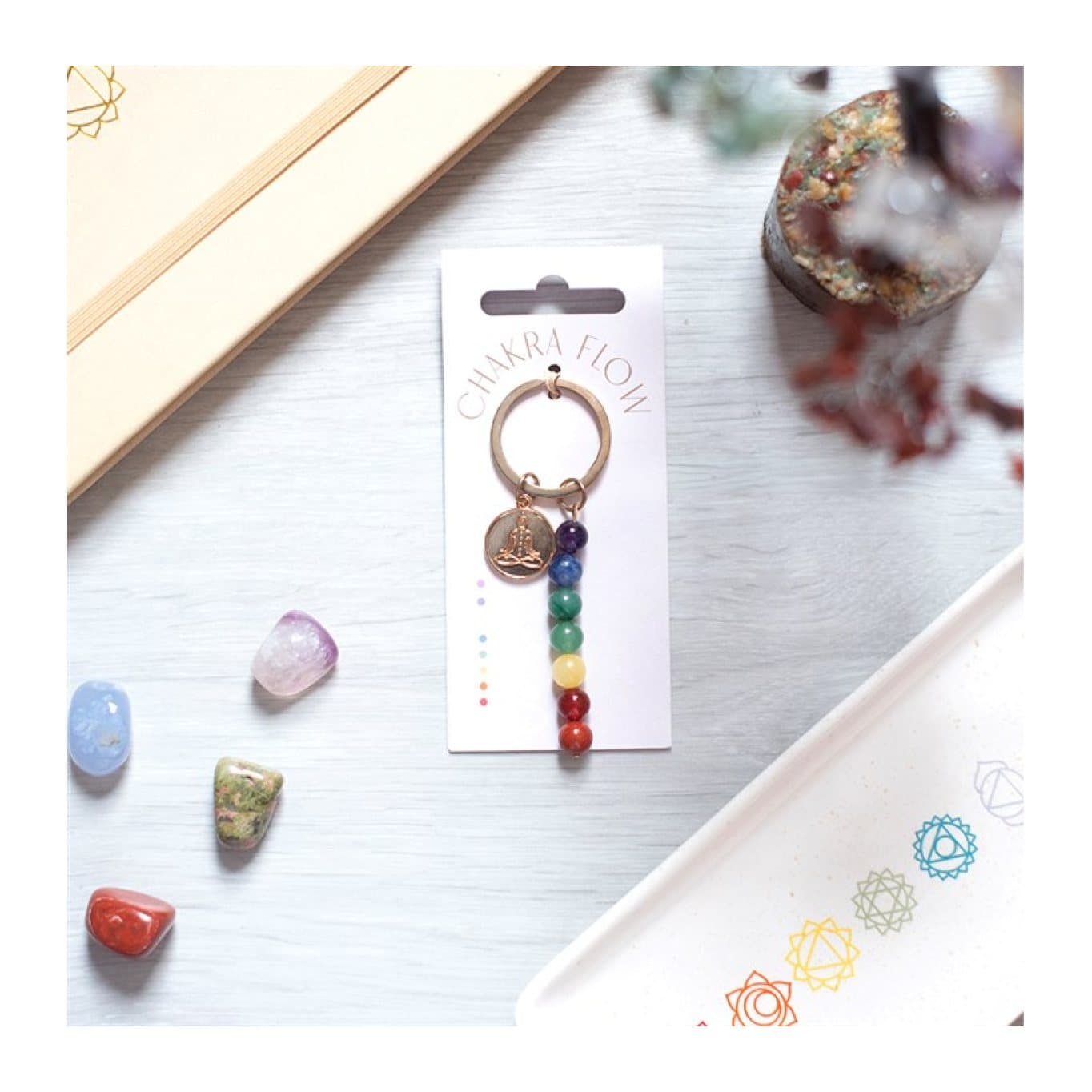 Chakra Flow beaded alloy keyring with rainbow-toned beads