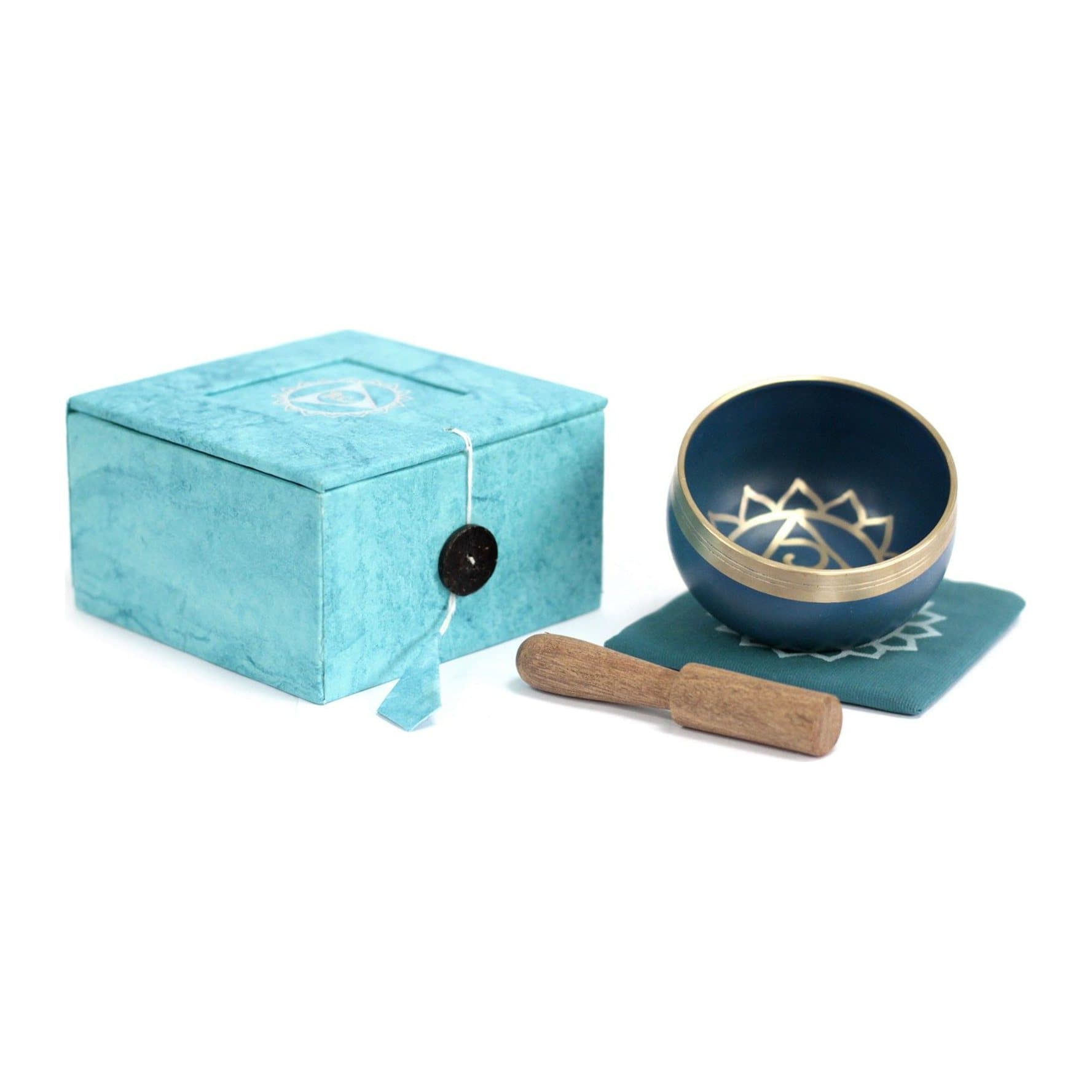 Throat chakra singing bowl with wooden stick