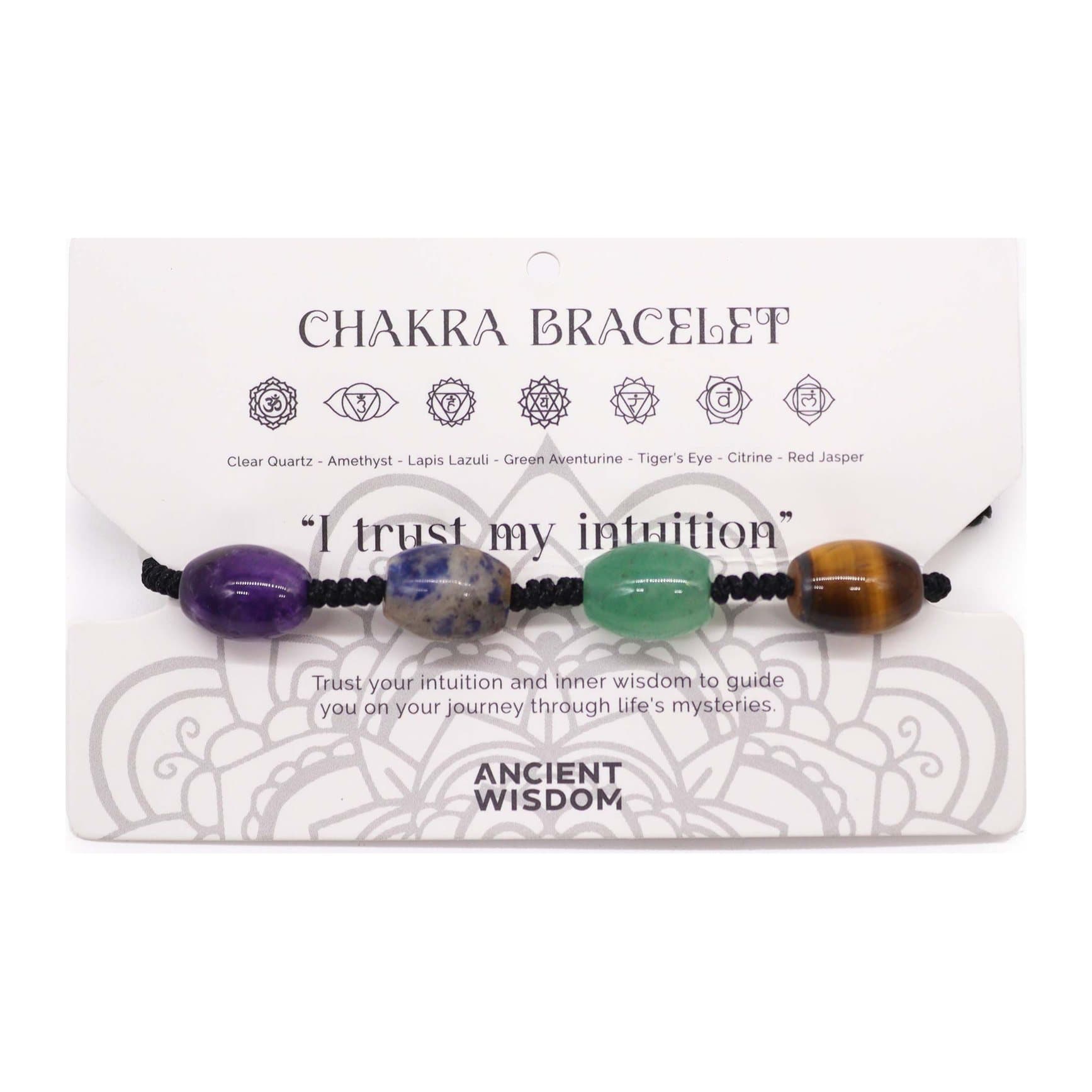 Chakra string bracelet with gemstone beads and affirmation card