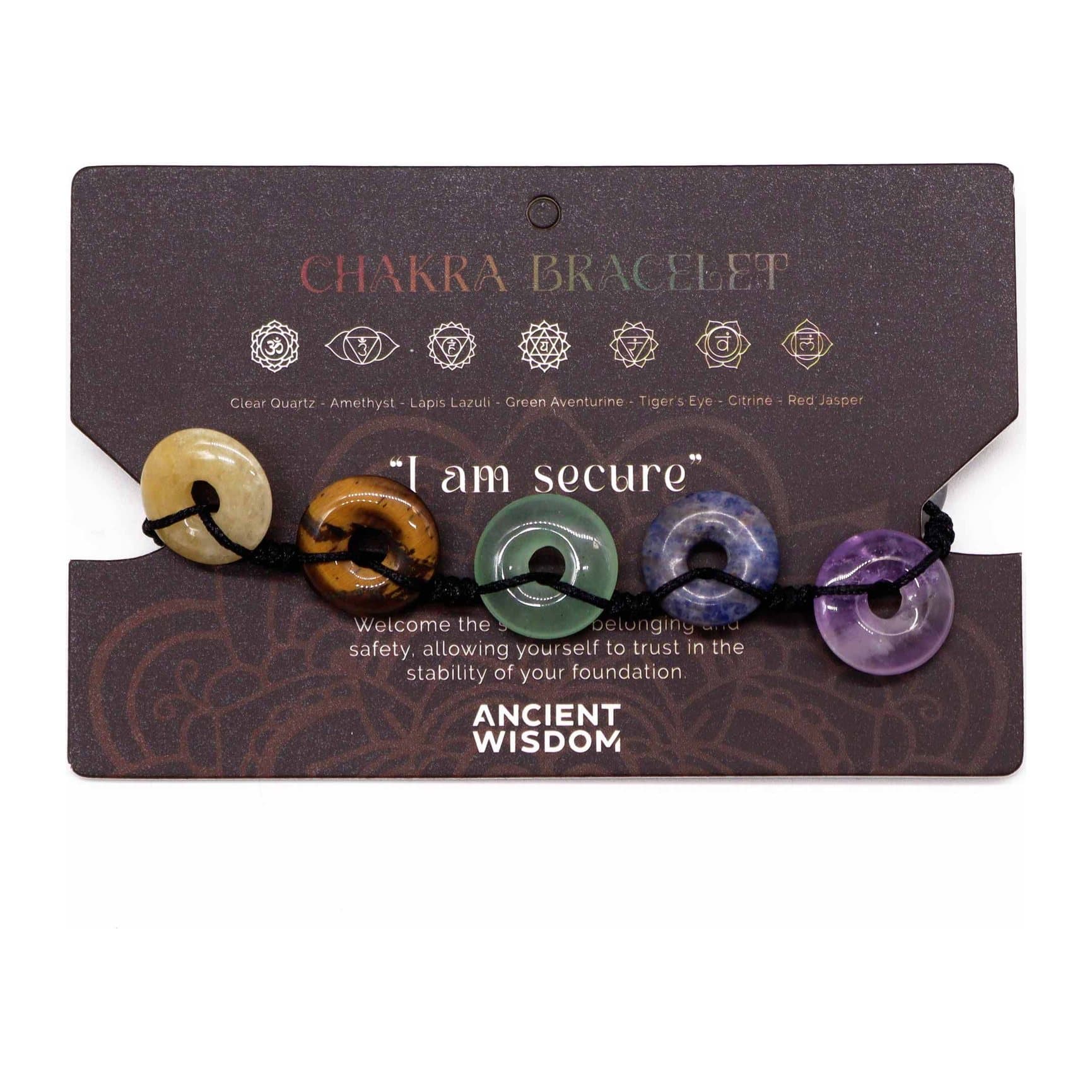 Chakra string bracelet with donut-shaped gemstones on a header card