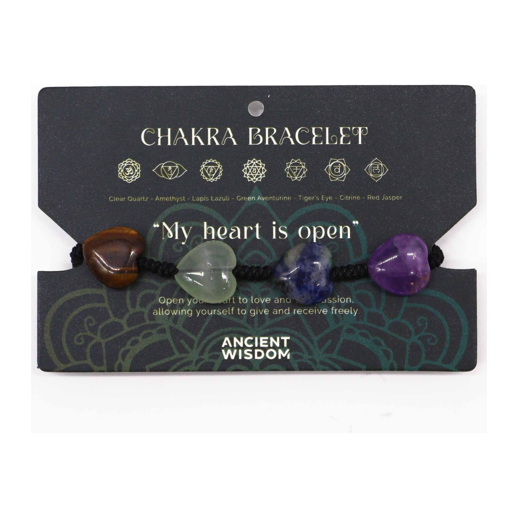 Chakra hearts string bracelet with gemstones on a header card