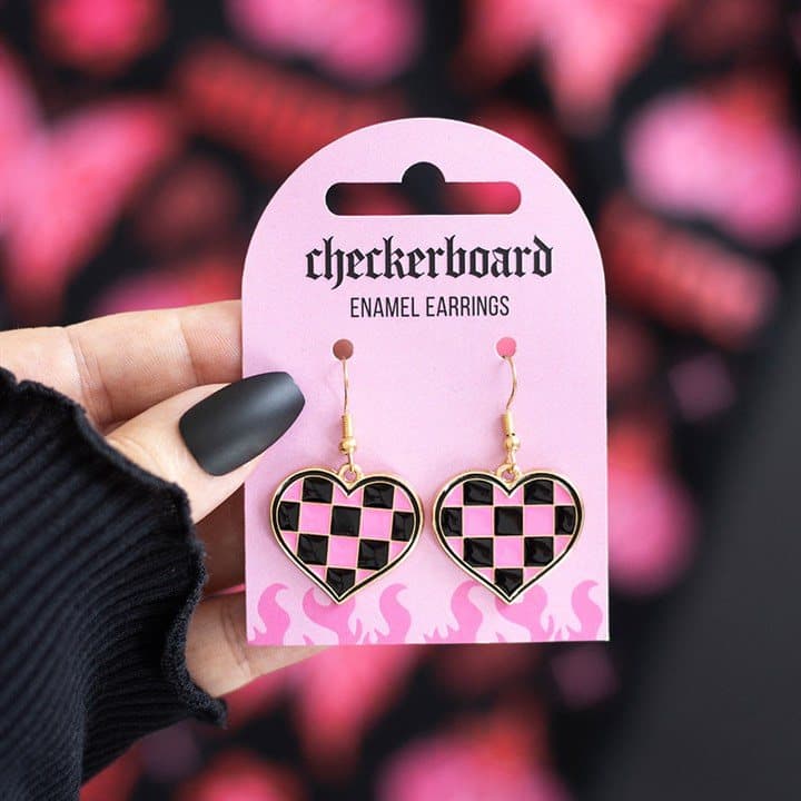 Pink and black checkerboard heart earrings