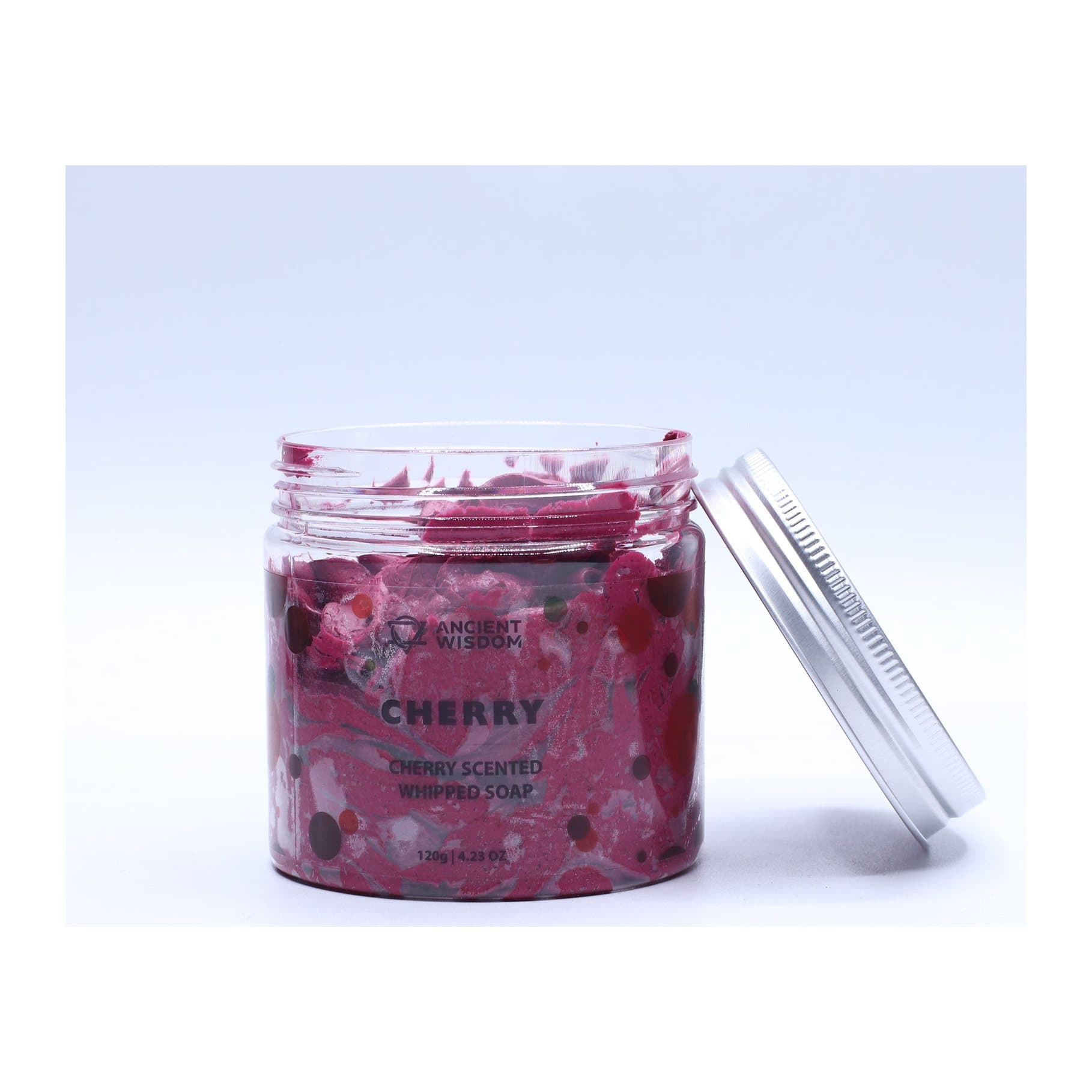 Cherry whipped soap with a deep red swirl in a 120 g jar