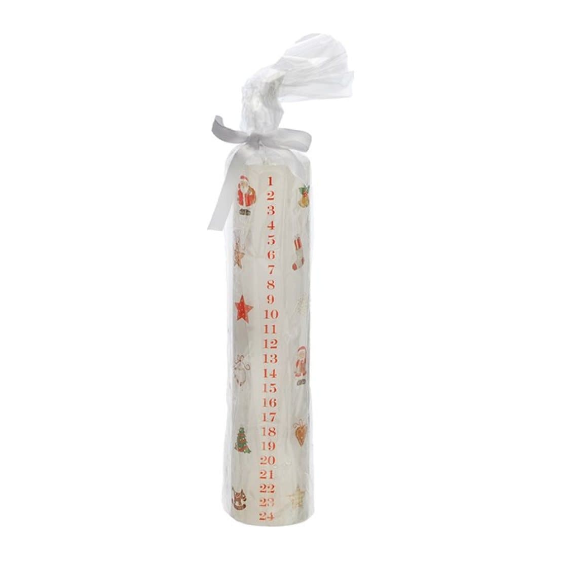 Tall slim wax advent candle with numbered markers and festive motifs