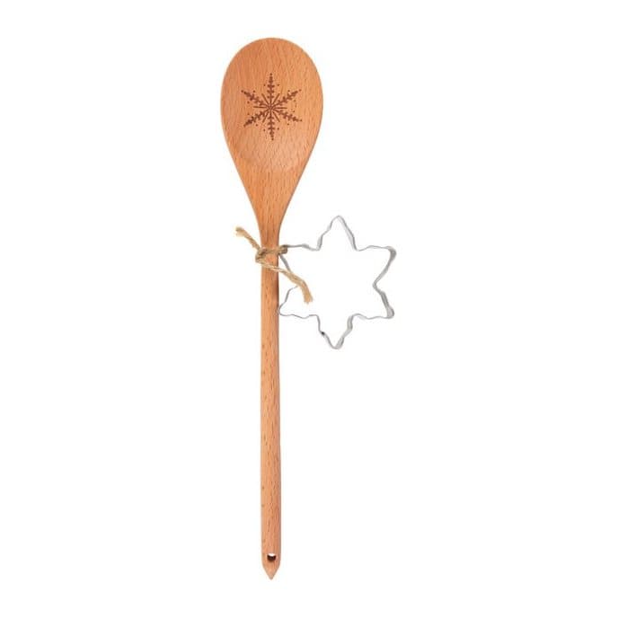Wooden spoon and festive cookie cutter baking set on a hang tag