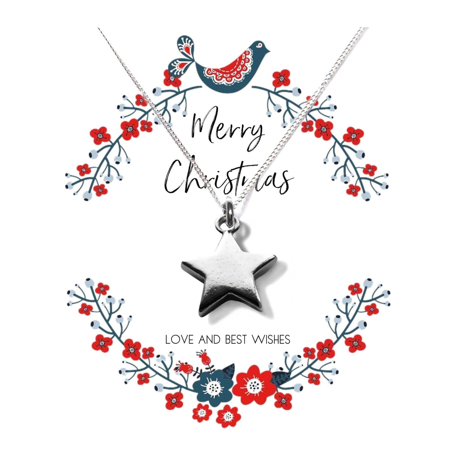 Silver star charm necklace on a Merry Christmas message card
