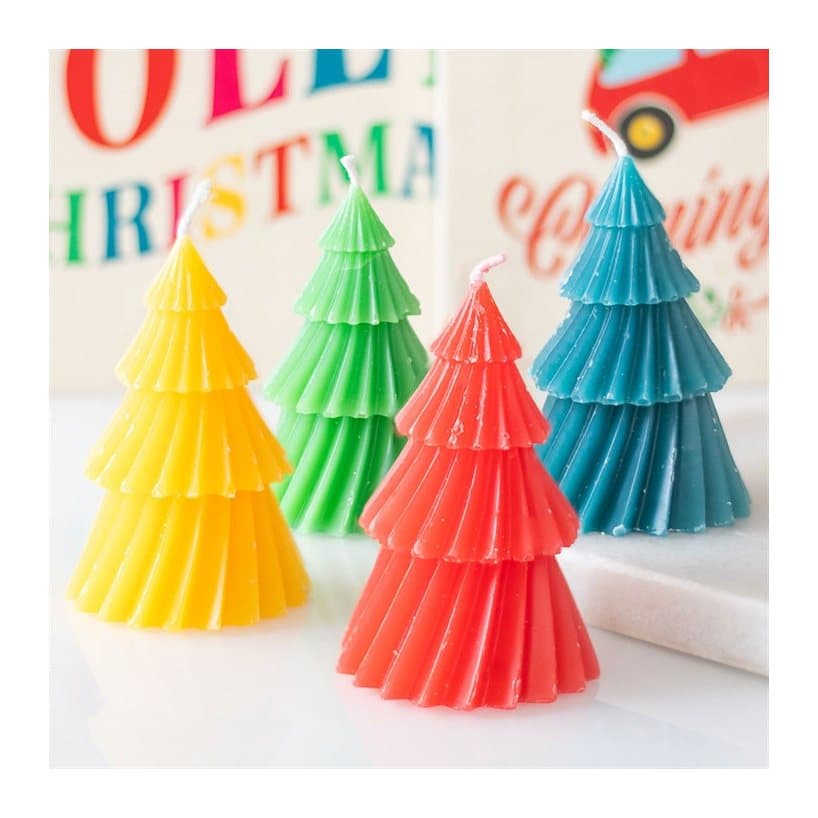 Four colourful Christmas tree shaped candles
