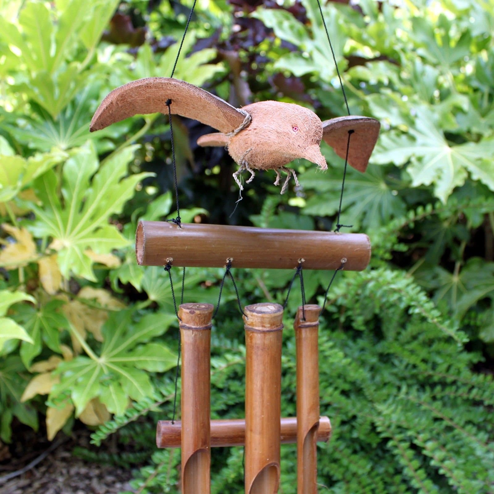 Coconut and bamboo wind chimes with a blackbird design