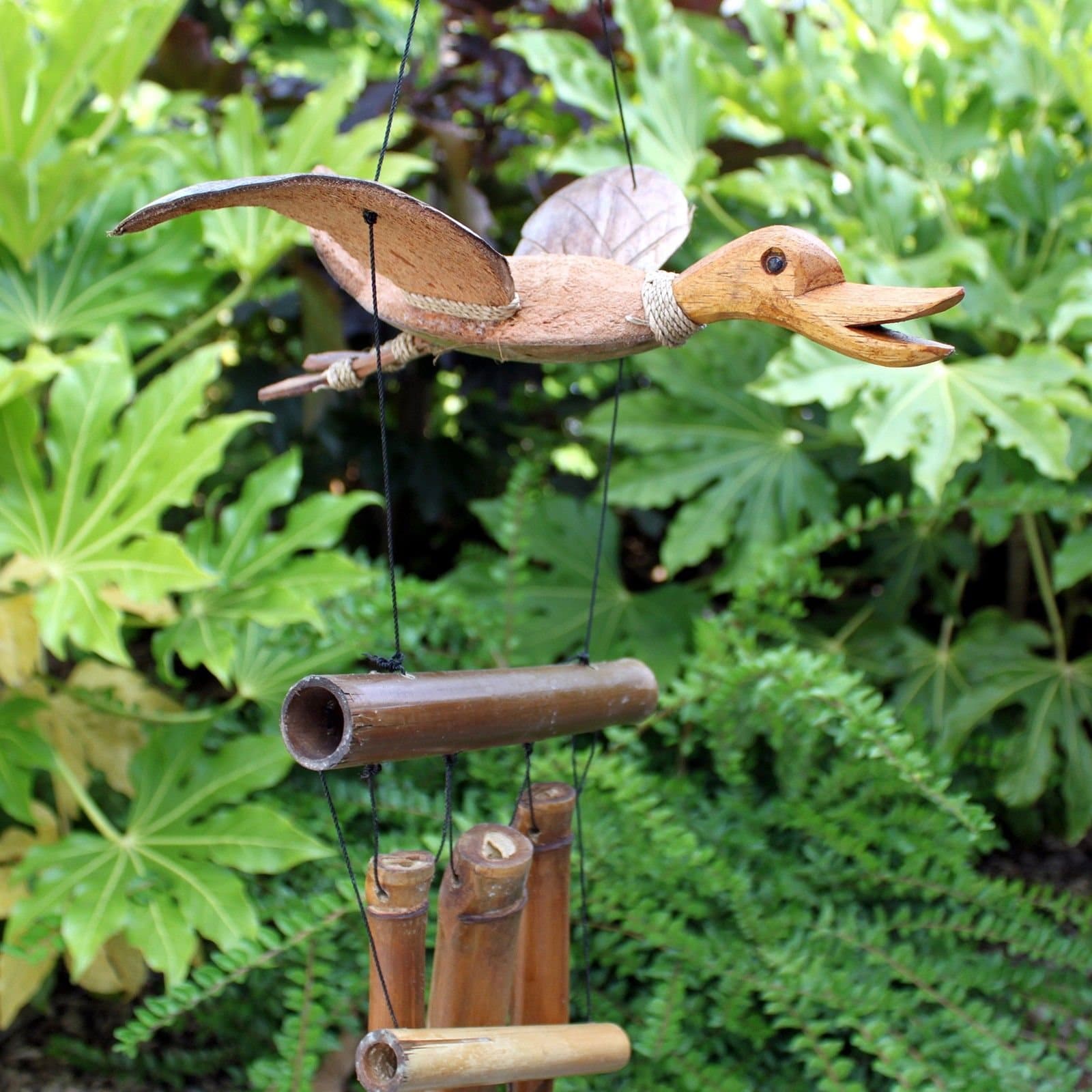 Coconut and bamboo wind chimes with a duck design