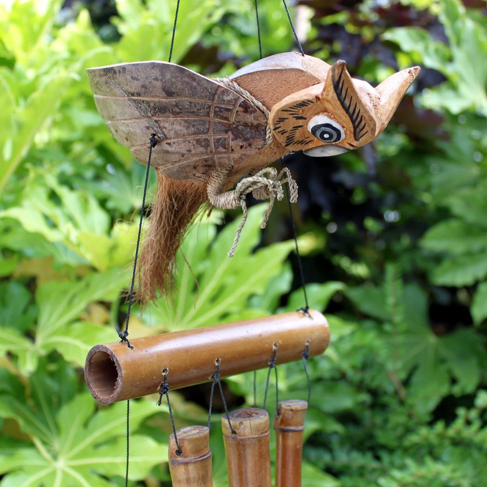 Handmade coconut owl wind chime with bamboo