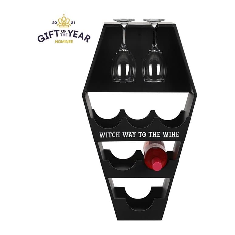 Coffin shaped wine shelf with slots for glasses and bottles