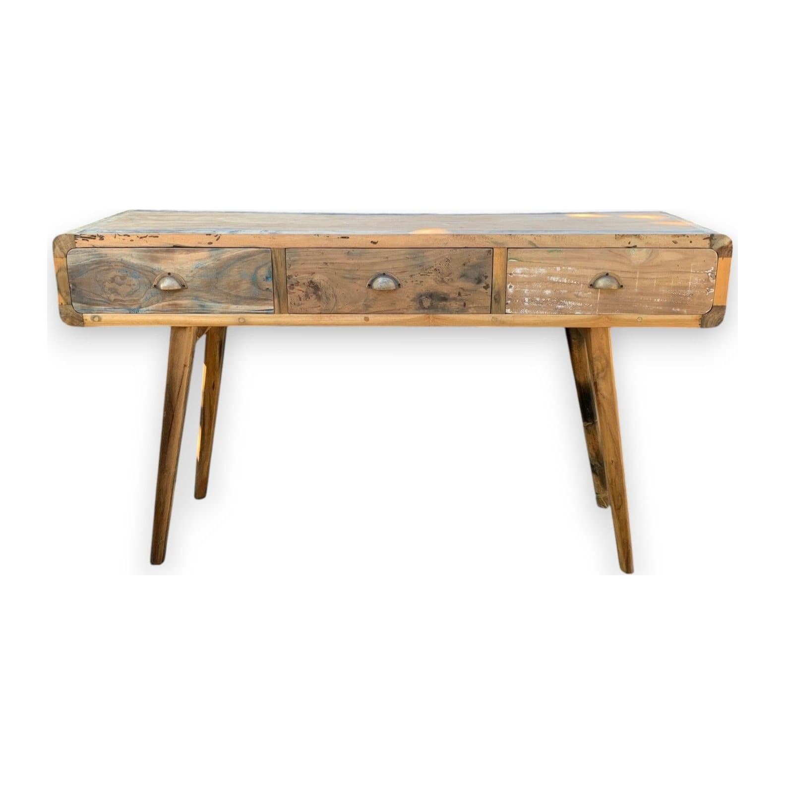 Recycled wood console table with three drawers