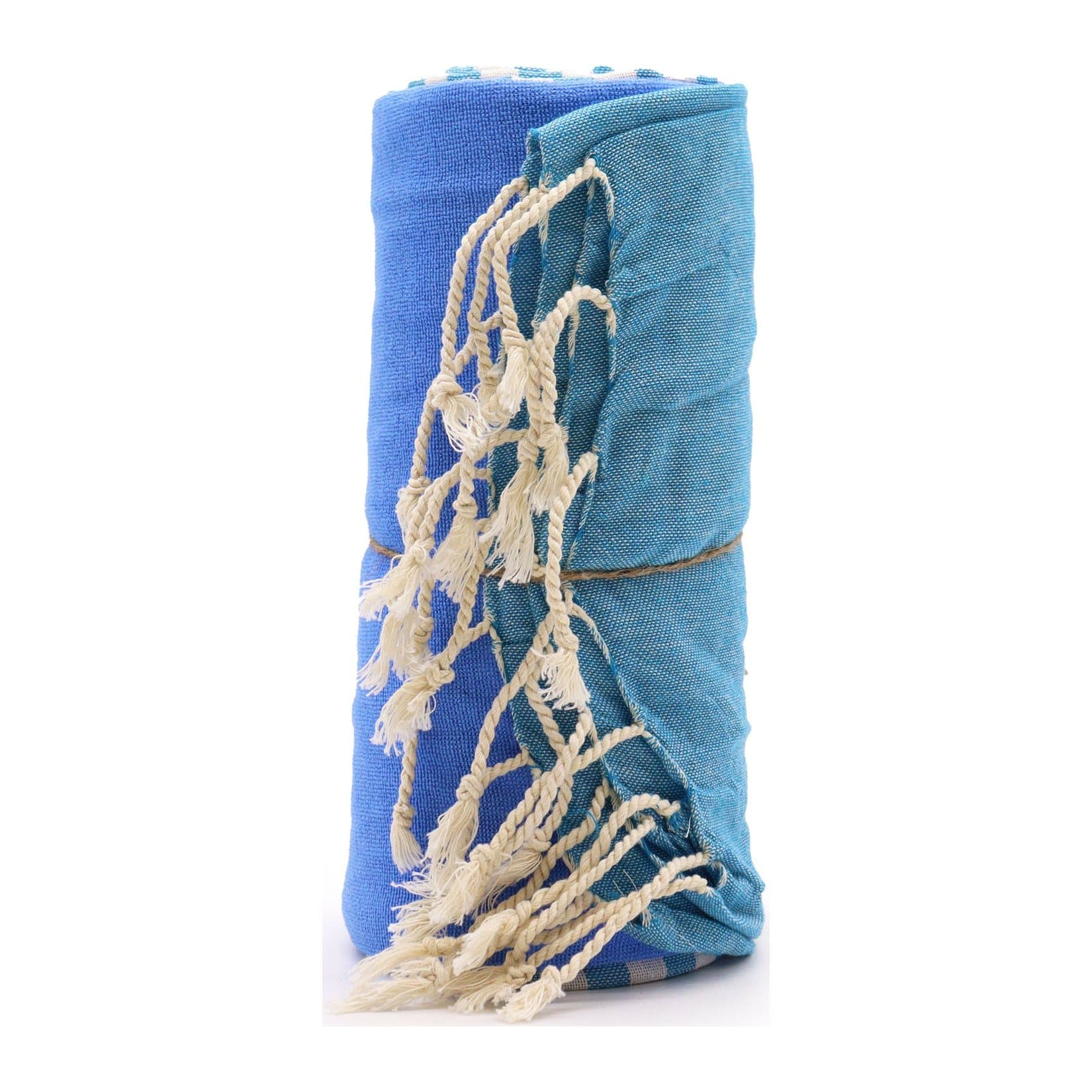 Sky blue cotton pareo towel wrapped with jute twine and a tag