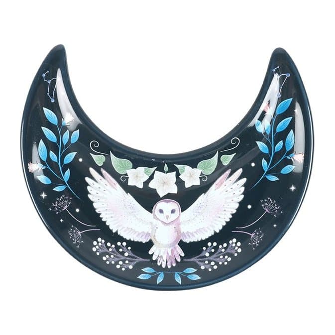 Crescent moon shaped trinket dish with a flying night owl and forest plants