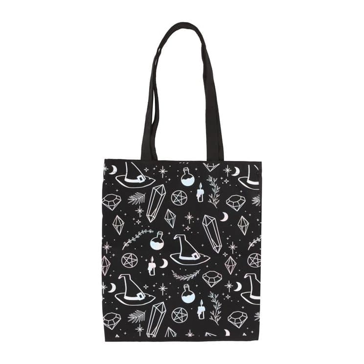 Black tote bag with a crystal witch print