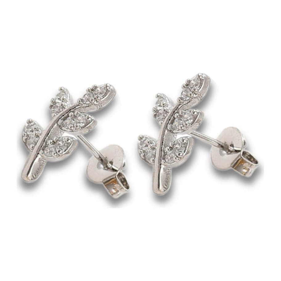 Silver leaf stud earrings with sparkling cubic zirconia stones