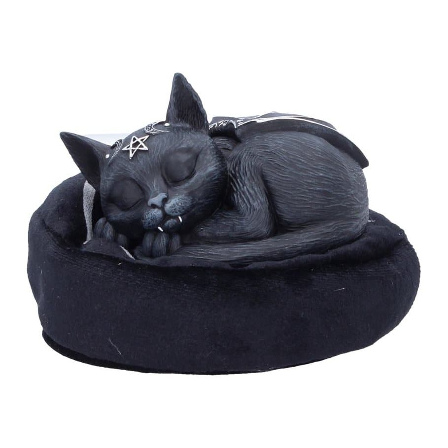 Malpuss figurine curled up asleep on a bean bag cushion, with bat wings