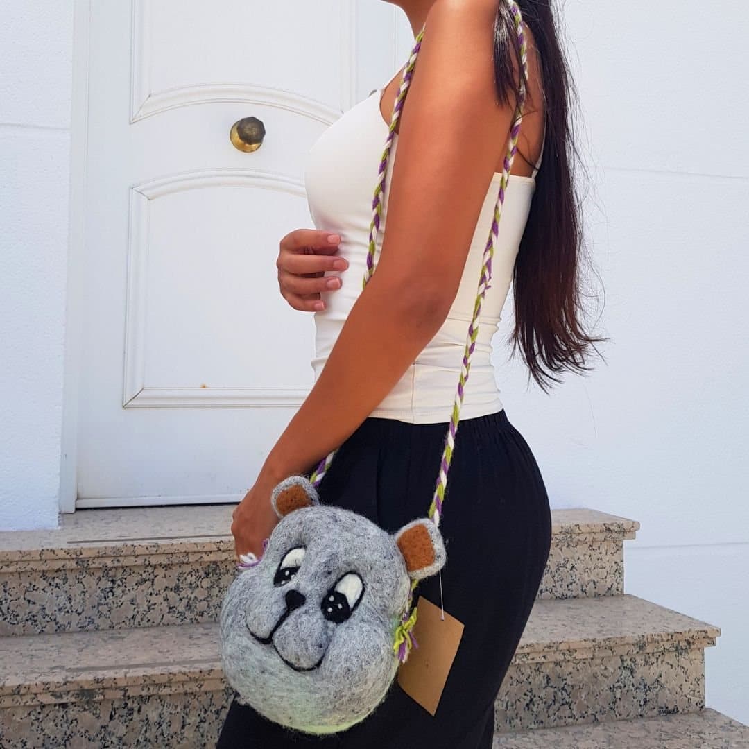 Felted bear bag in soft grey and mint green with brown ears and a braided strap