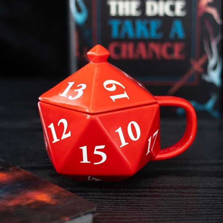 Ceramic mug shaped like a 20-sided gaming dice with a lid