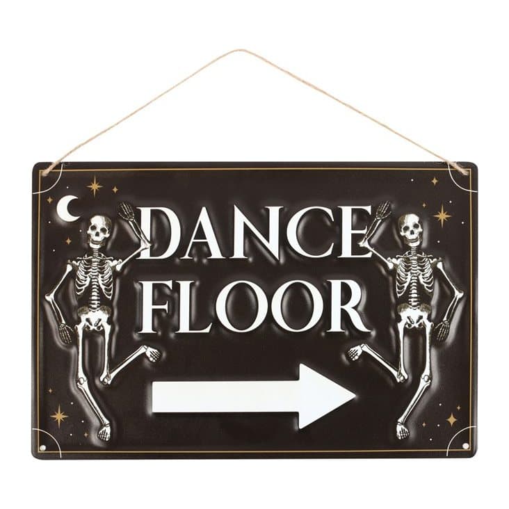 Black metal hanging sign with two dancing skeletons