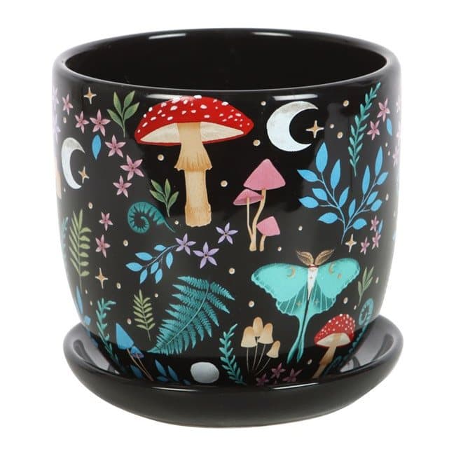 Plant pot with saucer and a dark forest print