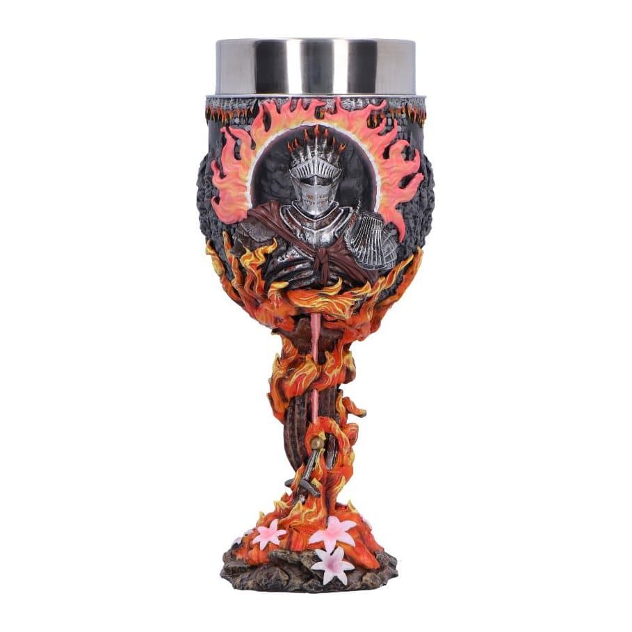 DARK SOULS Soul of Cinder goblet with orange flames and a Soul of Cinder portrait
