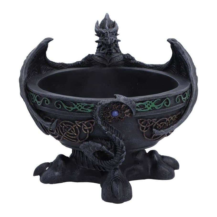 Dark resin dragon trinket holder with its wings wrapped around the dish
