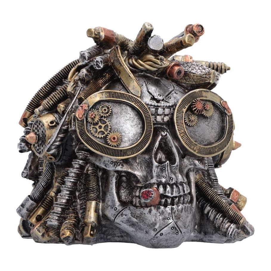 Steampunk skull ornament with goggles, gears and dreadlocks in silver and gold tones