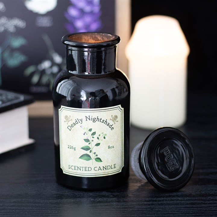 Deadly nightshade candle in an apothecary-style glass bottle with box