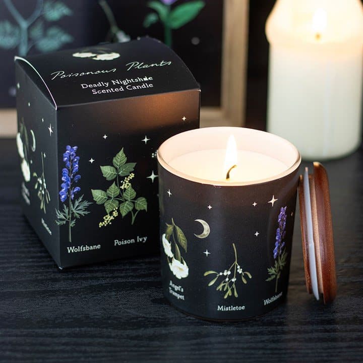Glass jar candle with a lid and a poisonous plants print