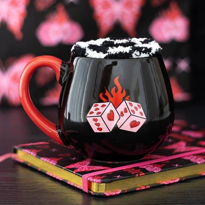 Black flaming dice ceramic mug with checkerboard socks and a colour cardboard gift box