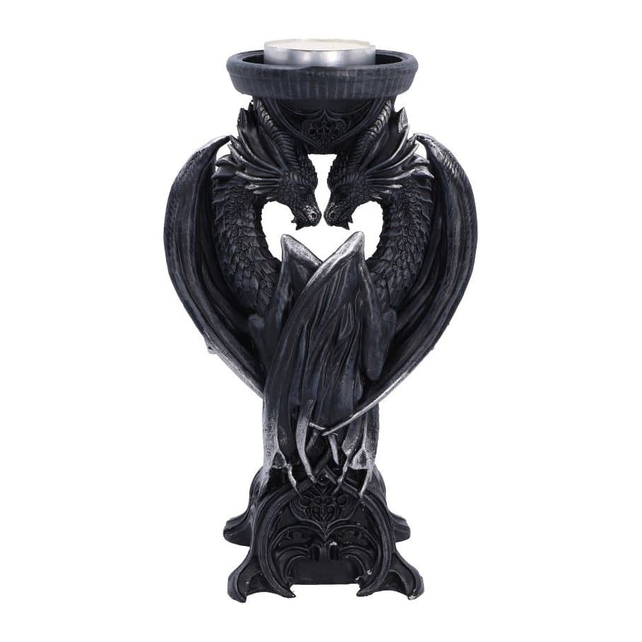 Black hand-painted double dragon candle holder with two dragons head to head