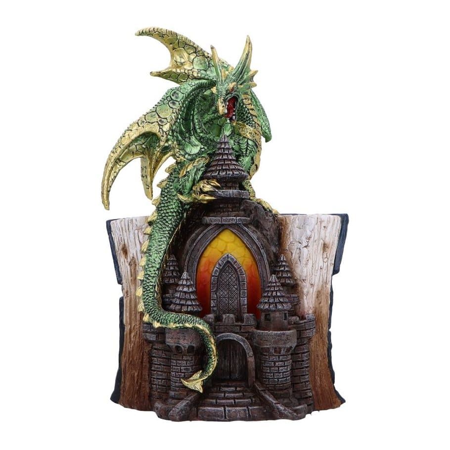 Green dragon perched on a crumbling castle entrance figurine