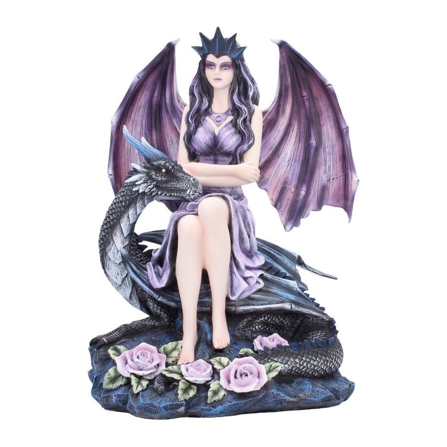 Purple and pink fairy with detailed wings and a crown, seated on a curled blue dragon