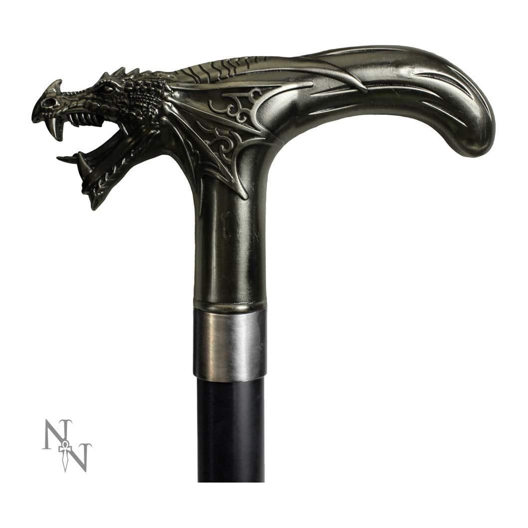 Long black cane topped with a polished metal dragon head handle